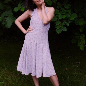 Handmade Vintage-inspired Neck-Tie Open Back Dress in Purple Floral Print